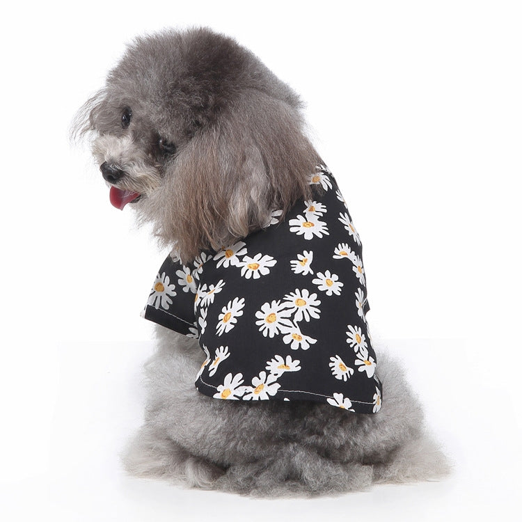 Black dog summer shirt with white daisy flower print