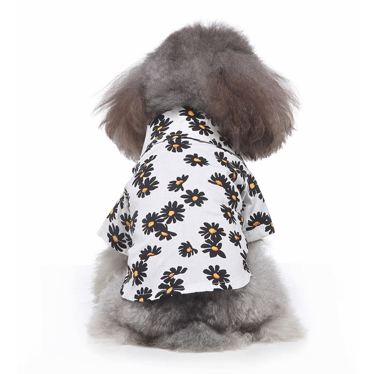 White dog summer shirt with black and orange daisy flower print
