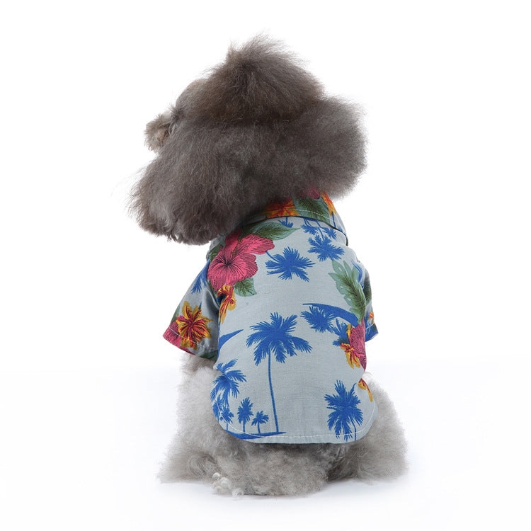 Dog summer shirt with blue palm print and multicolor tropical flowers