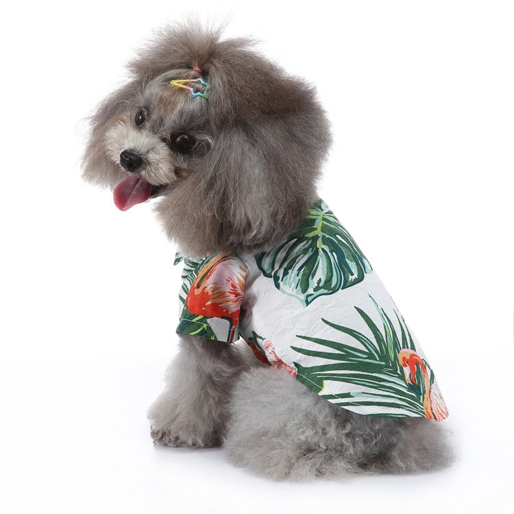 Dog summer shirt with white base and green leaf and red fruit print