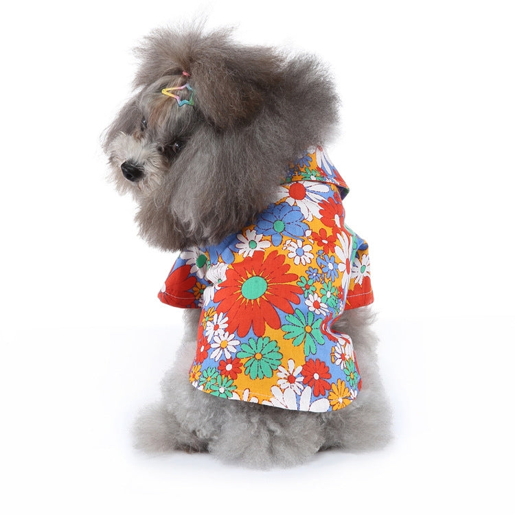 Dog beach shirt in orange floral print with short sleeves and round neckline