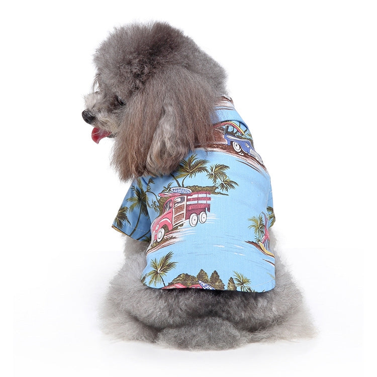 Dog beach shirt in light blue train and palm print with short sleeves