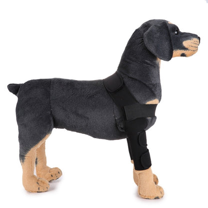 Dog leg knee guard with black wrap straps for surgery recovery protection