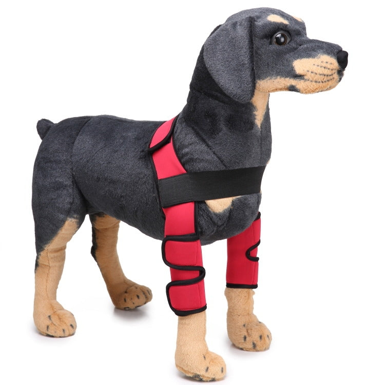 Dog leg knee guard with red wrap straps and black padded supports