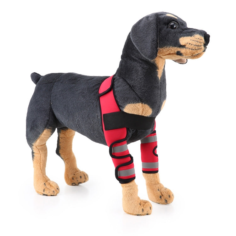 Dog leg knee guard with red padded splints and wrap straps