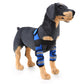 Dog leg knee guard with blue padded splints and wrap straps