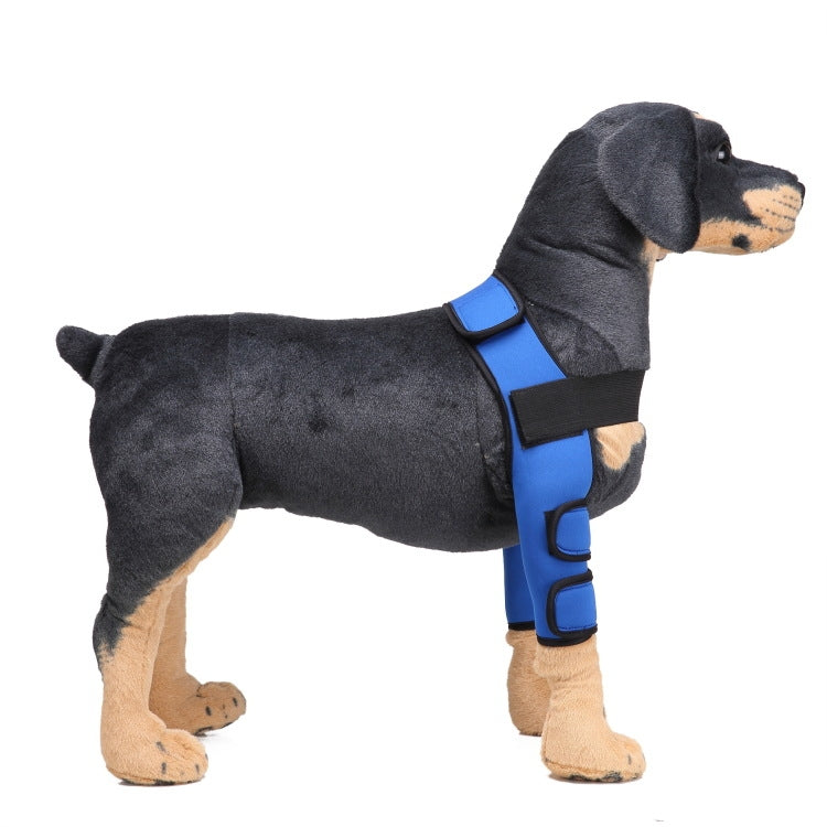 Pet dog leg knee guard suit in dark gray with blue knee pads and black wrap straps