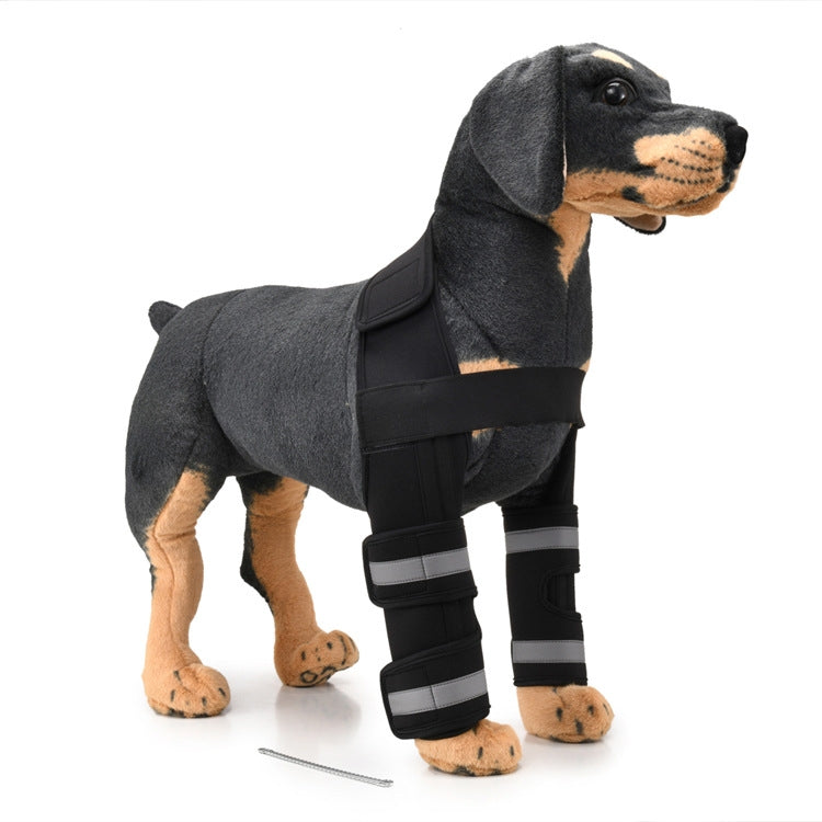 Pet dog leg knee guard suit in dark gray with black straps and gray-striped knee braces