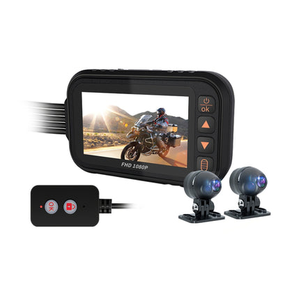 Black motorcycle dash cam with LCD screen and dual front camera lenses
