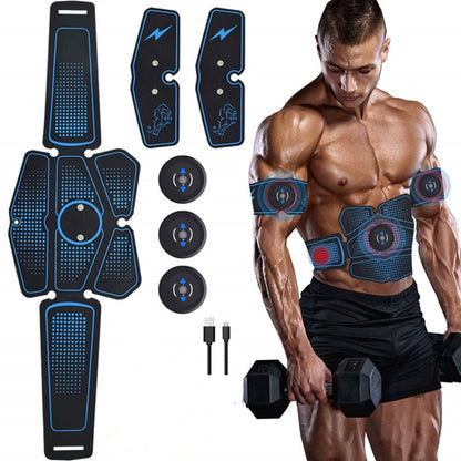 Blue EMS abdominal muscle training belt with electronic pads and controller discs