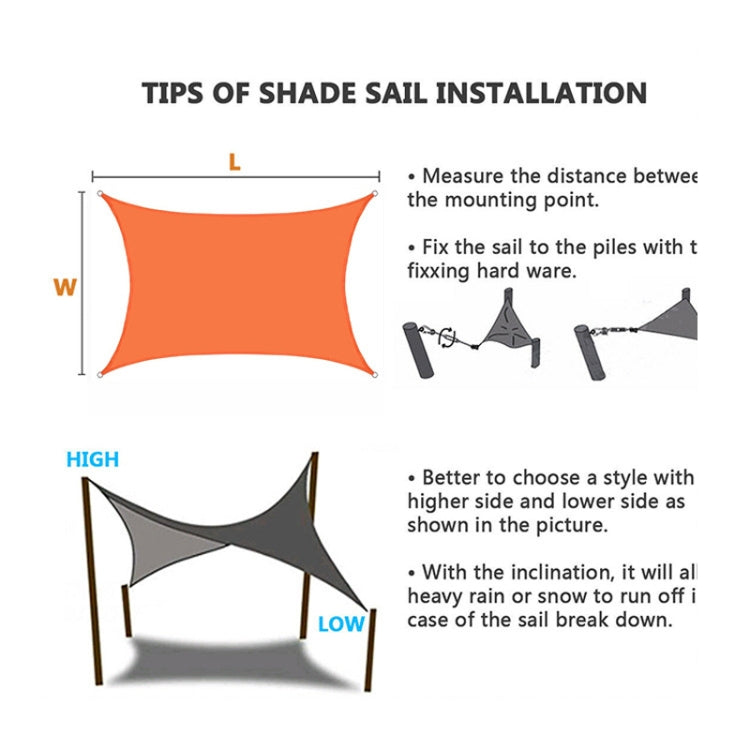 Orange sunshade sail installation diagram with measurements and mounting hardware
