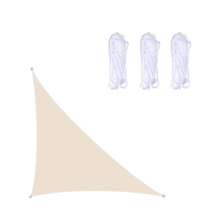 Beige triangular outdoor sunshade sail with corner grommets and rope ties