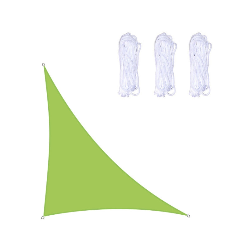 Green triangular outdoor sunshade sail with corner grommets and rope ties