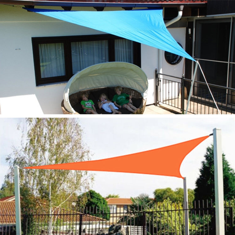 Triangular sunshade sail canopy installed on outdoor poles, blue and orange