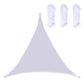 Triangle sunshade sail in white with corner grommets and hanging ropes.
