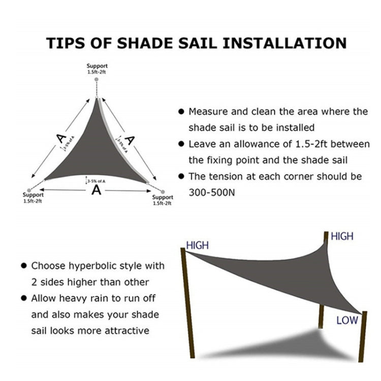 Triangle outdoor sunshade sail with corner support points and taught fabric
