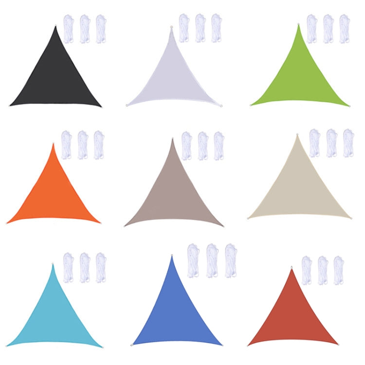 Set of triangle outdoor sunshade sails in multiple colors with grommets and rope ties
