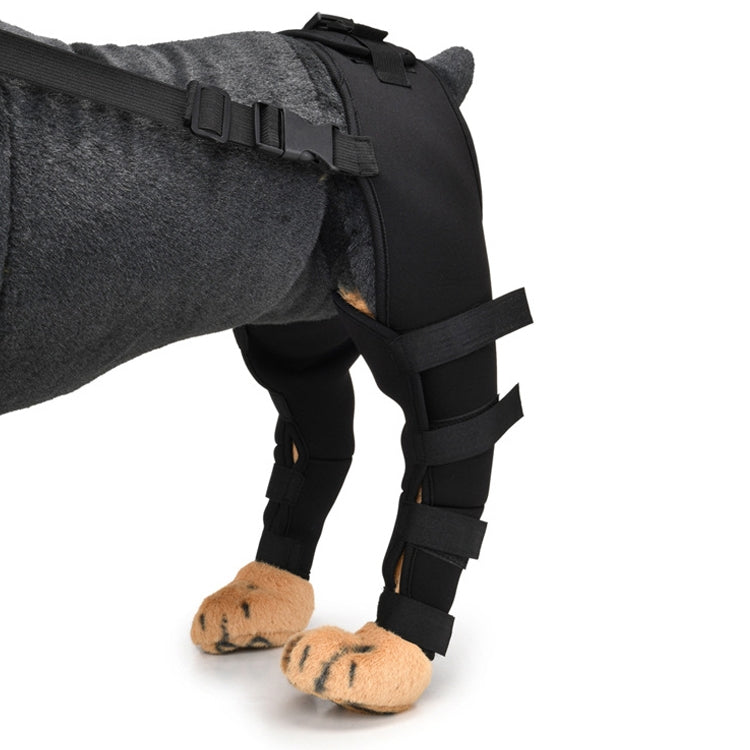 Pet dog leg knee guard protective cover close-up of black straps and padded knee panels