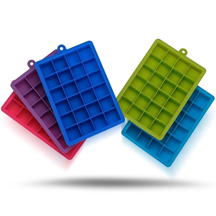 Silicone ice cube tray set in blue, purple, pink, and green, each with 24 square grids