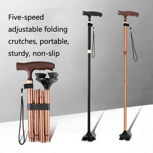 Four-leg folding crutches, adjustable black and brown frames with quad walking base