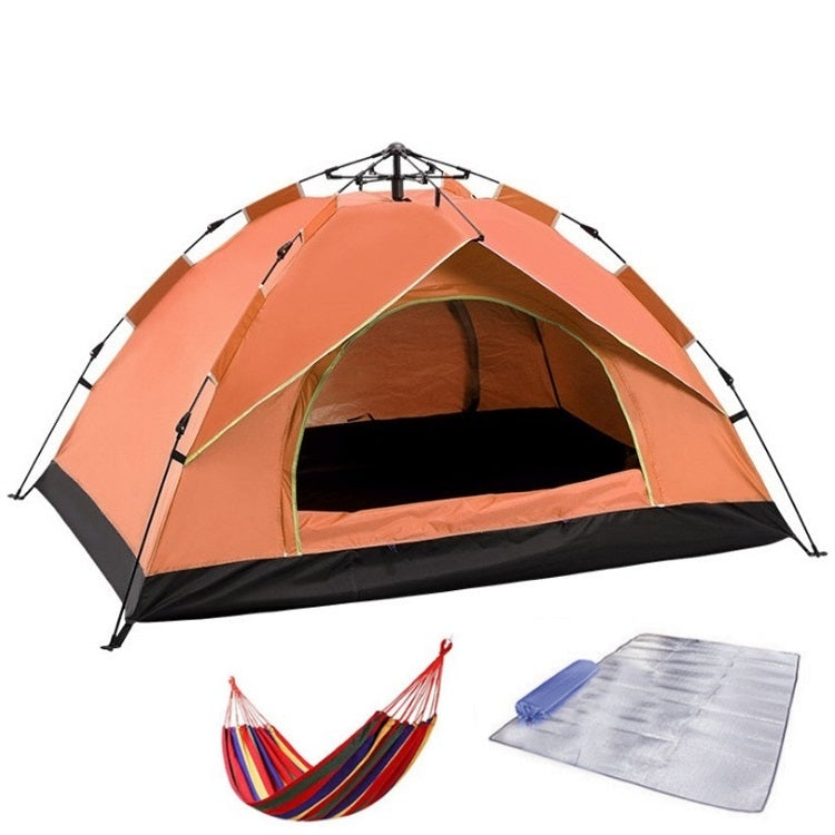 Orange dome camping tent with arched entrance, ground mat, and striped hammock
