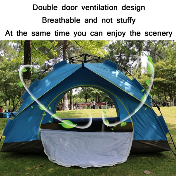 Blue automatic spring multi-person tent with green trim and large front opening mesh.