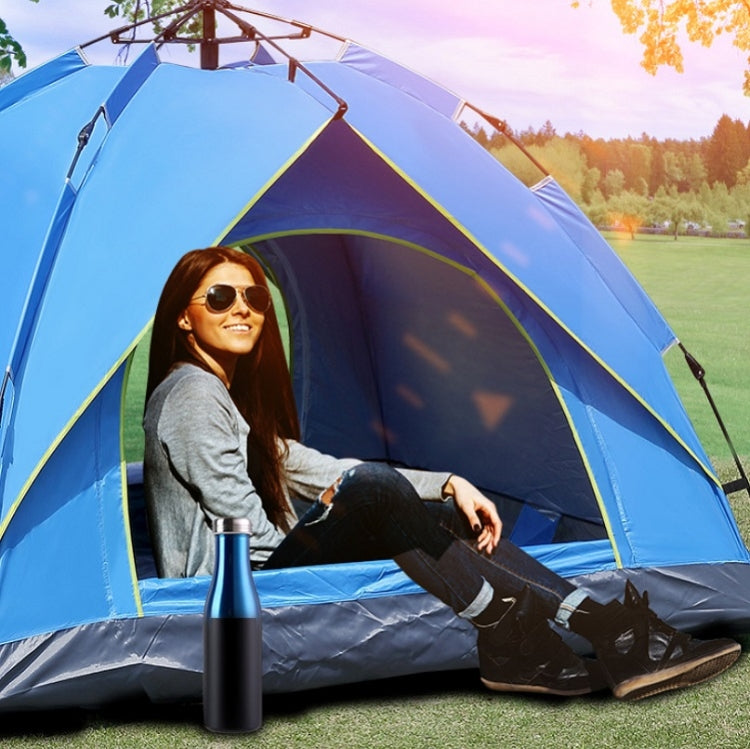 Blue automatic spring multi-person tent with purple interior and front mesh door opening.