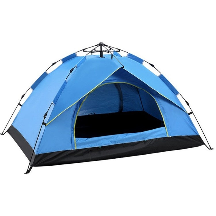 Blue dome camping tent with arched doorway and mesh inner window, freestanding setup