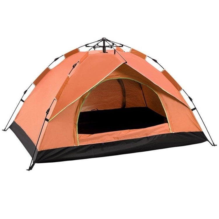 Orange automatic pop-up camping tent with black interior door and arched front