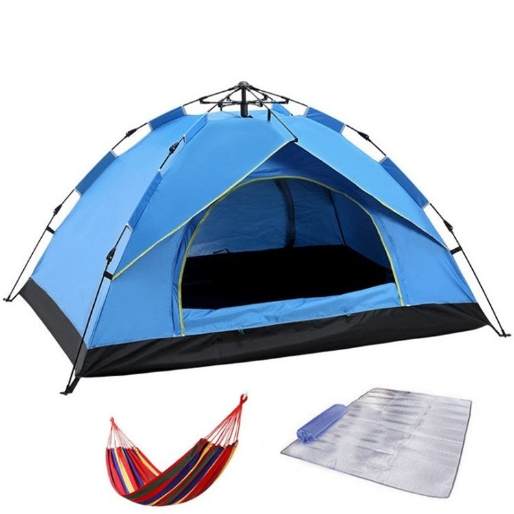 Blue automatic pop-up camping tent with gray ground mat and striped hammock