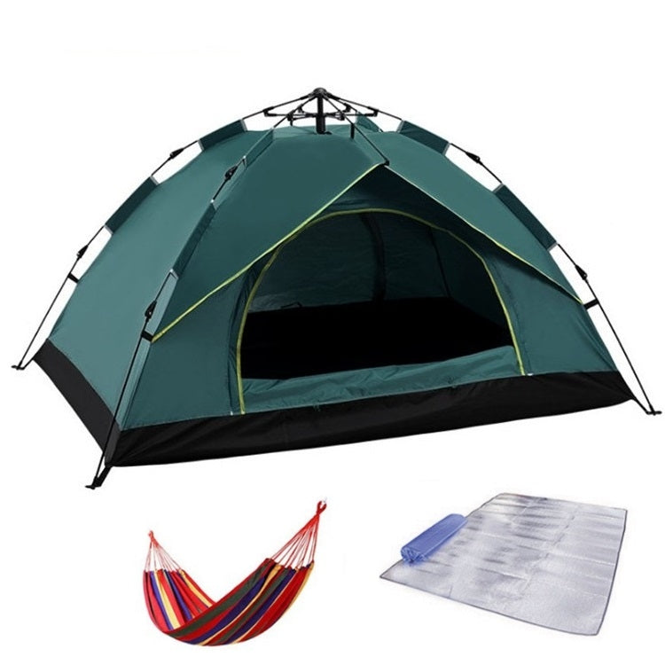 Green automatic pop-up camping tent with gray ground mat and striped hammock