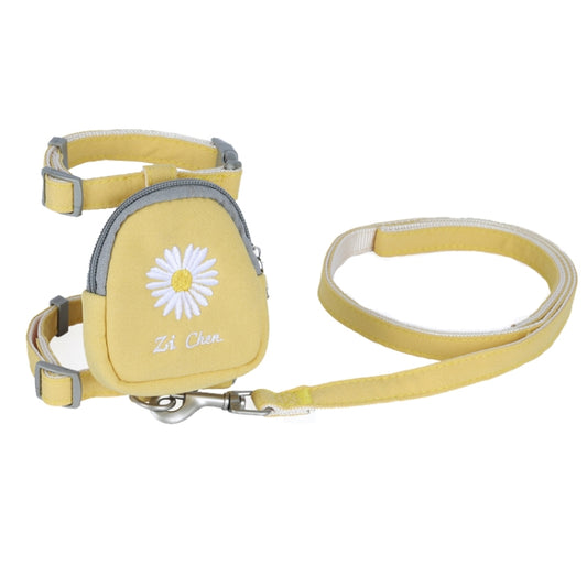 Small pet traction cat backpack with yellow fabric, daisy patch, and rope strap
