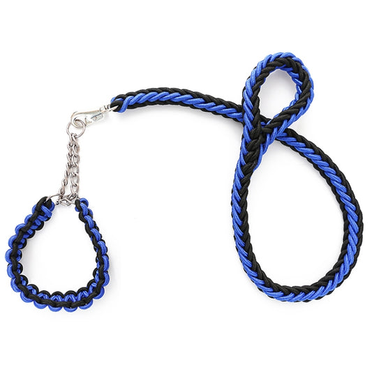 Braided dog leash with chain clip, blue and black braided rope