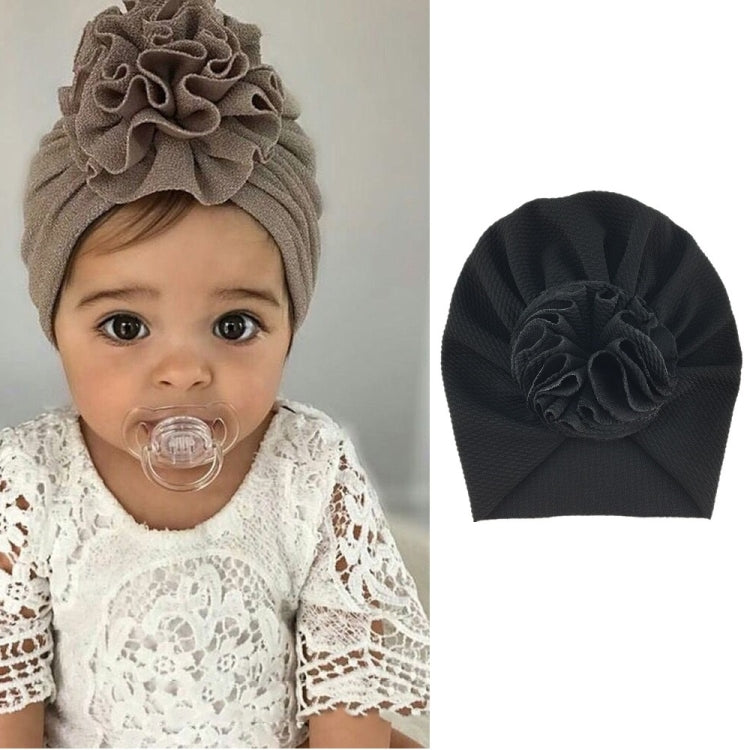 Baby turban hat with fabric rosette flower, charcoal gray color, one size