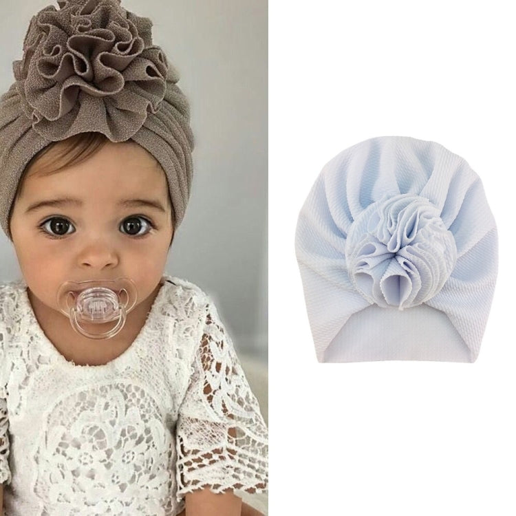 Baby turban hat with fabric rosette flower, light blue color, one size