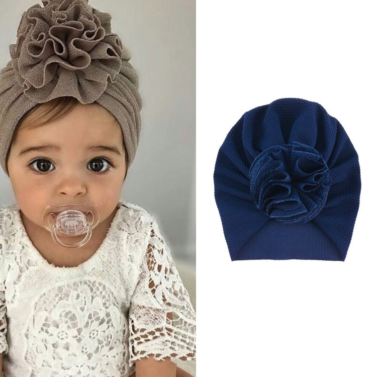 Baby turban hat with fabric rosette flower, navy blue color, one size