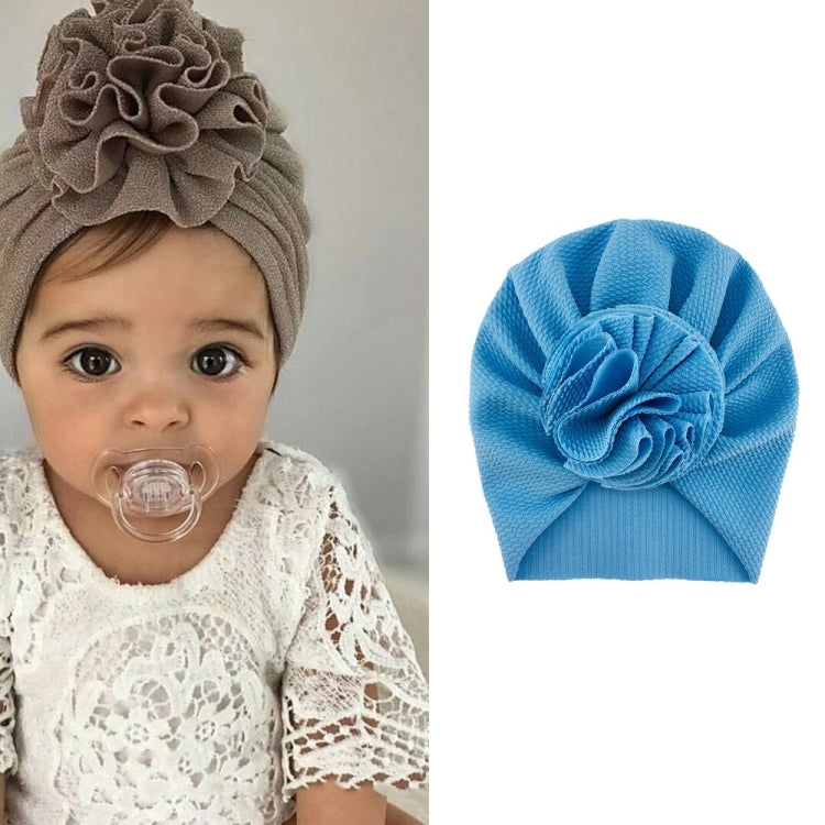 Baby turban hat with fabric rosette flower, powder blue color, one size