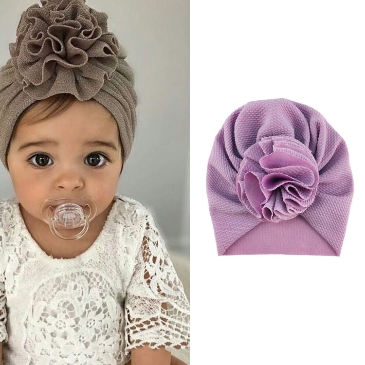 Baby turban hat with fabric rosette flower, lavender purple color, one size