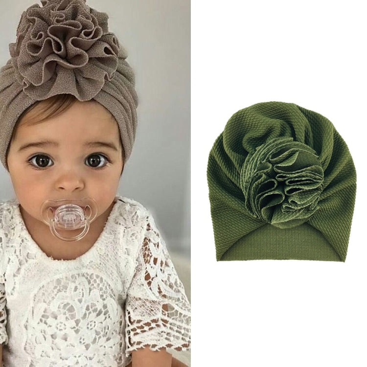 Baby turban hat with fabric rosette flower, olive green color, one size