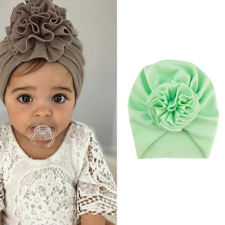 Baby turban hat with fabric rosette flower, mint green color, one size