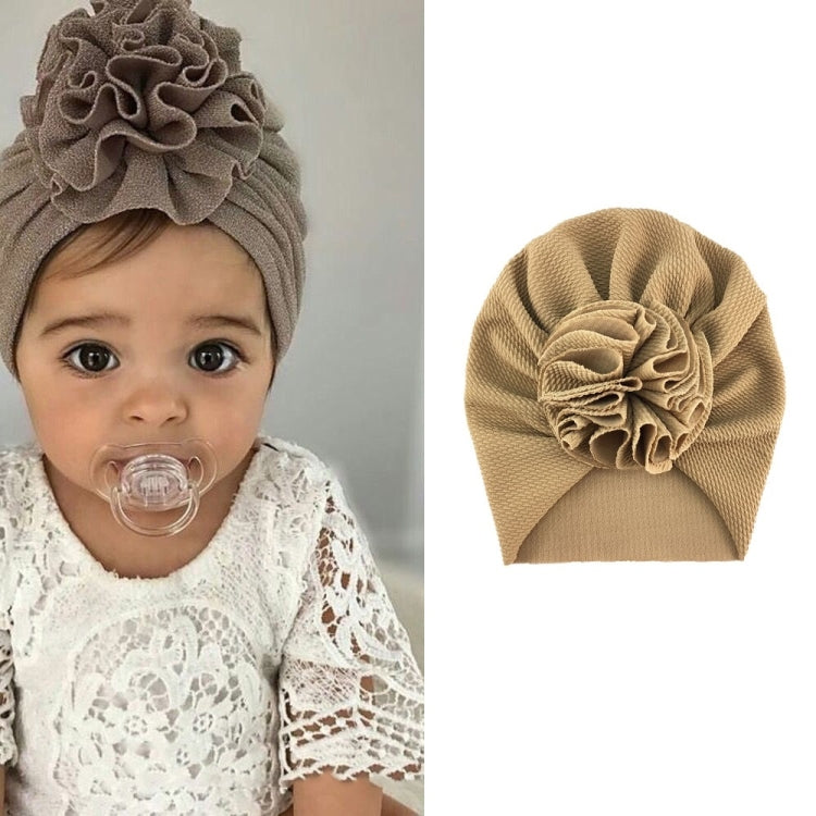 Baby turban hat in beige with textured rosette flower, one size
