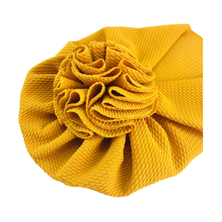 Mustard yellow baby turban hat with large ruffled flower detail, one size