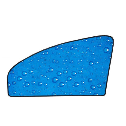 Blue single-layer car window sunshade panel with water-drop pattern and curved edge.