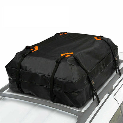 Black 420D car roof storage bag with orange grab handles and front zipper pocket