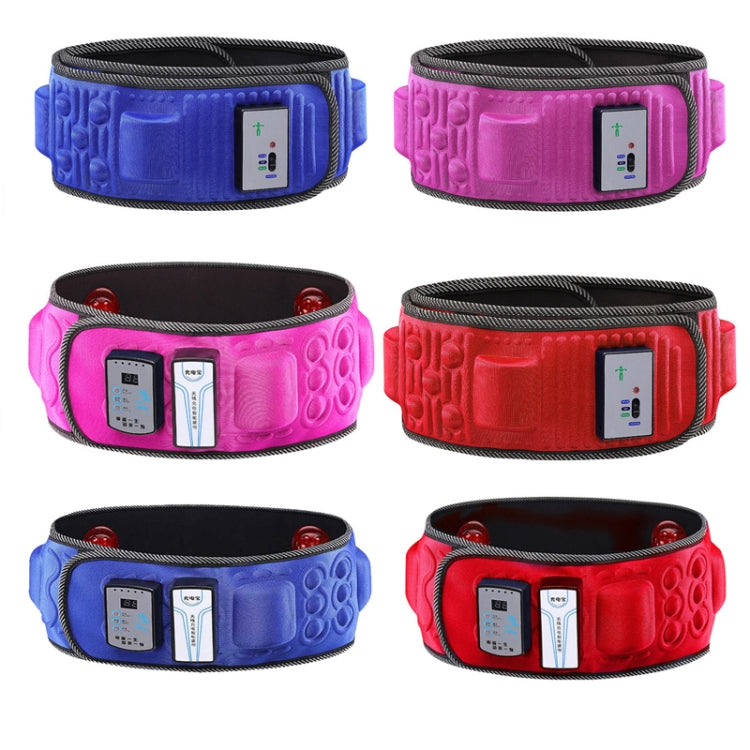 Set of vibration massage belts in blue, pink, and red, each with a control display.