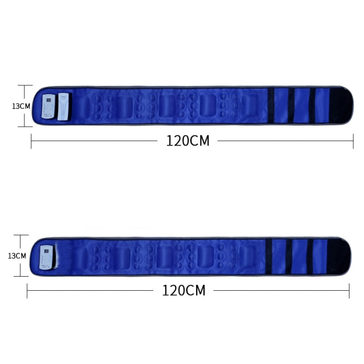 Vibration belt size view: 120cm length and 13cm width, blue with black trim.