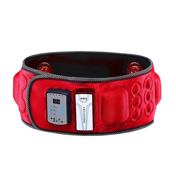 Red vibration massage belt with control display and textured grip pads, black trim.