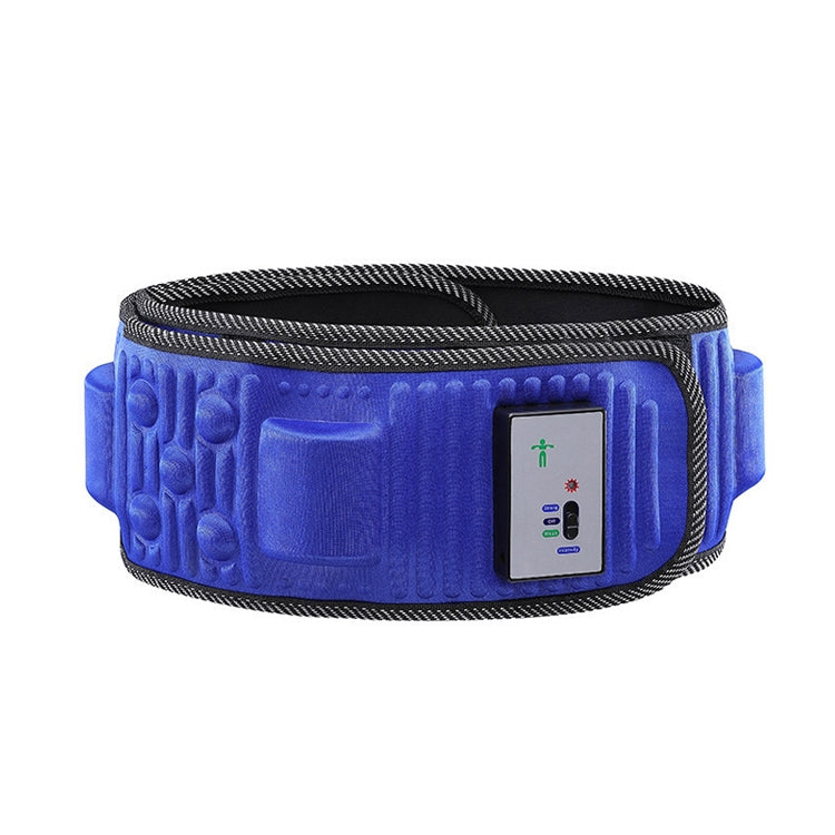 Blue vibration massage belt with control display, textured surface and black braided trim.