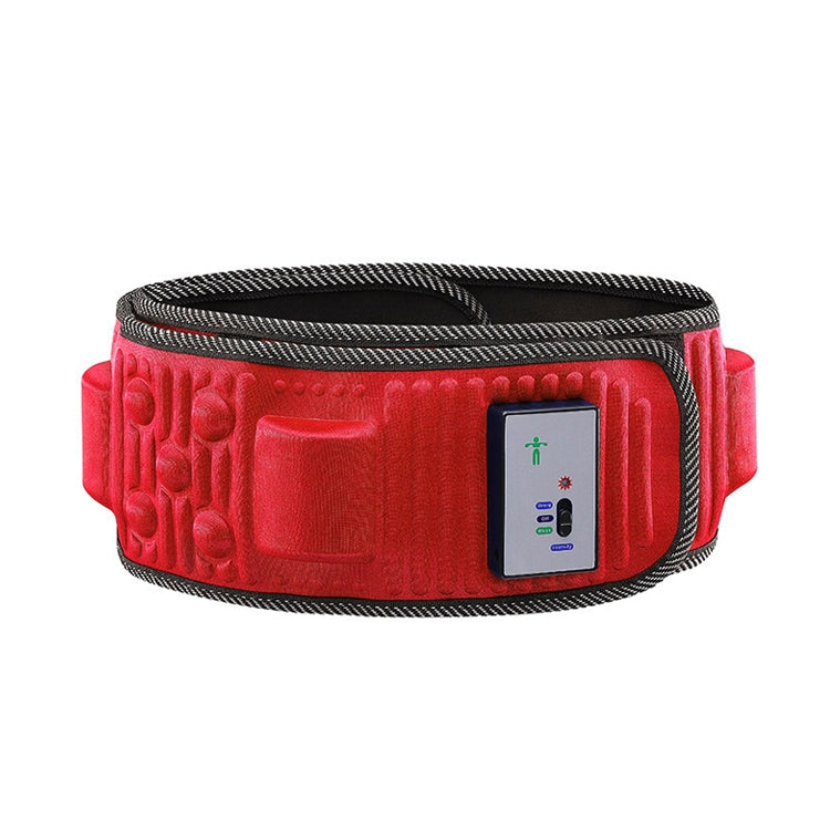 Red vibration massage belt with control display, textured pads and black braided trim.