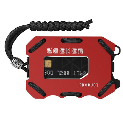 Red metal RFID card holder wallet with paracord strap and card window
